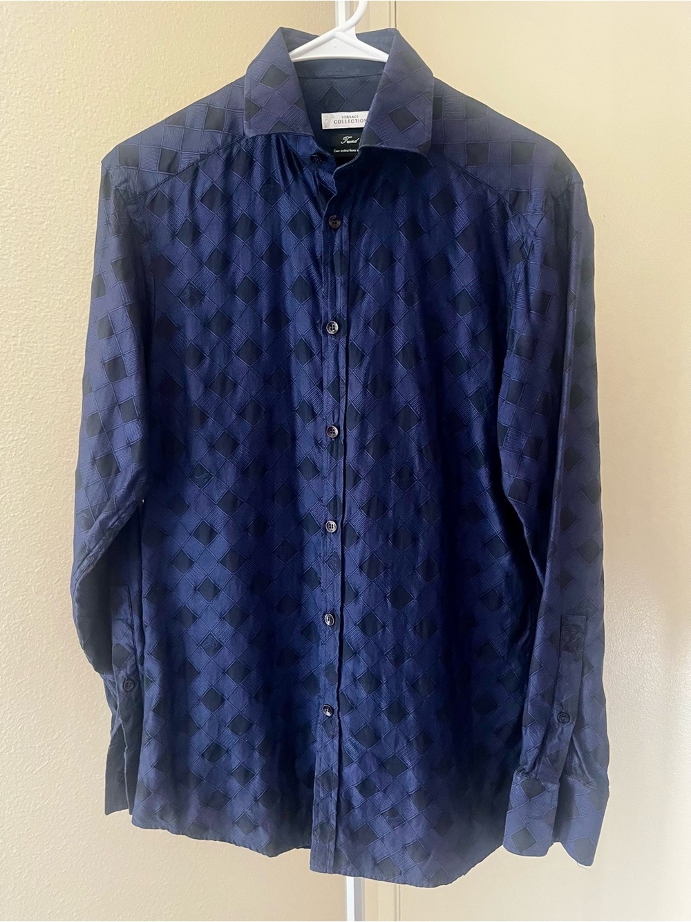 Versace Collection Trend Medusa Embroidered Square Textured Shirt Navy 38/15